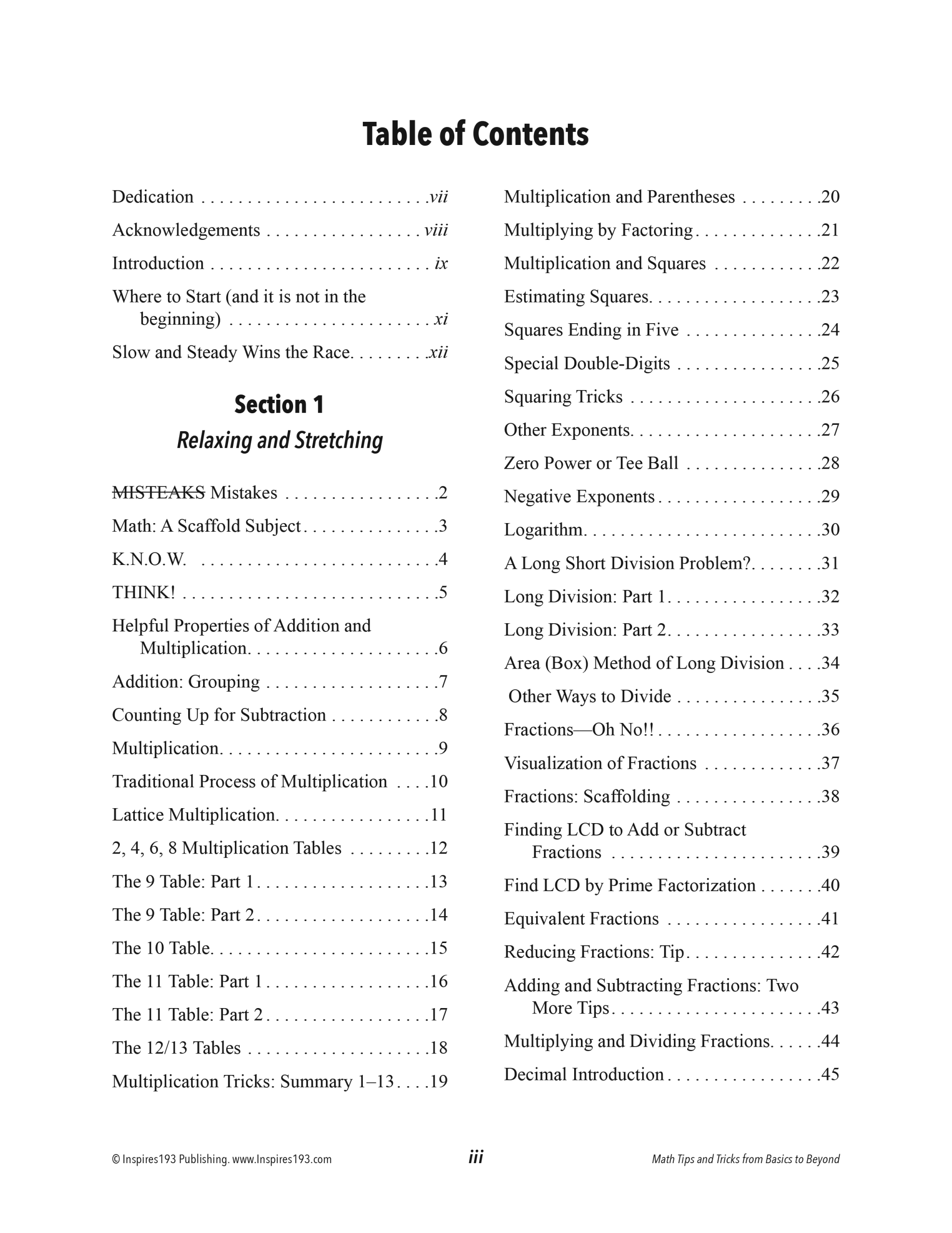 TOC Page iii math tips, table of contents