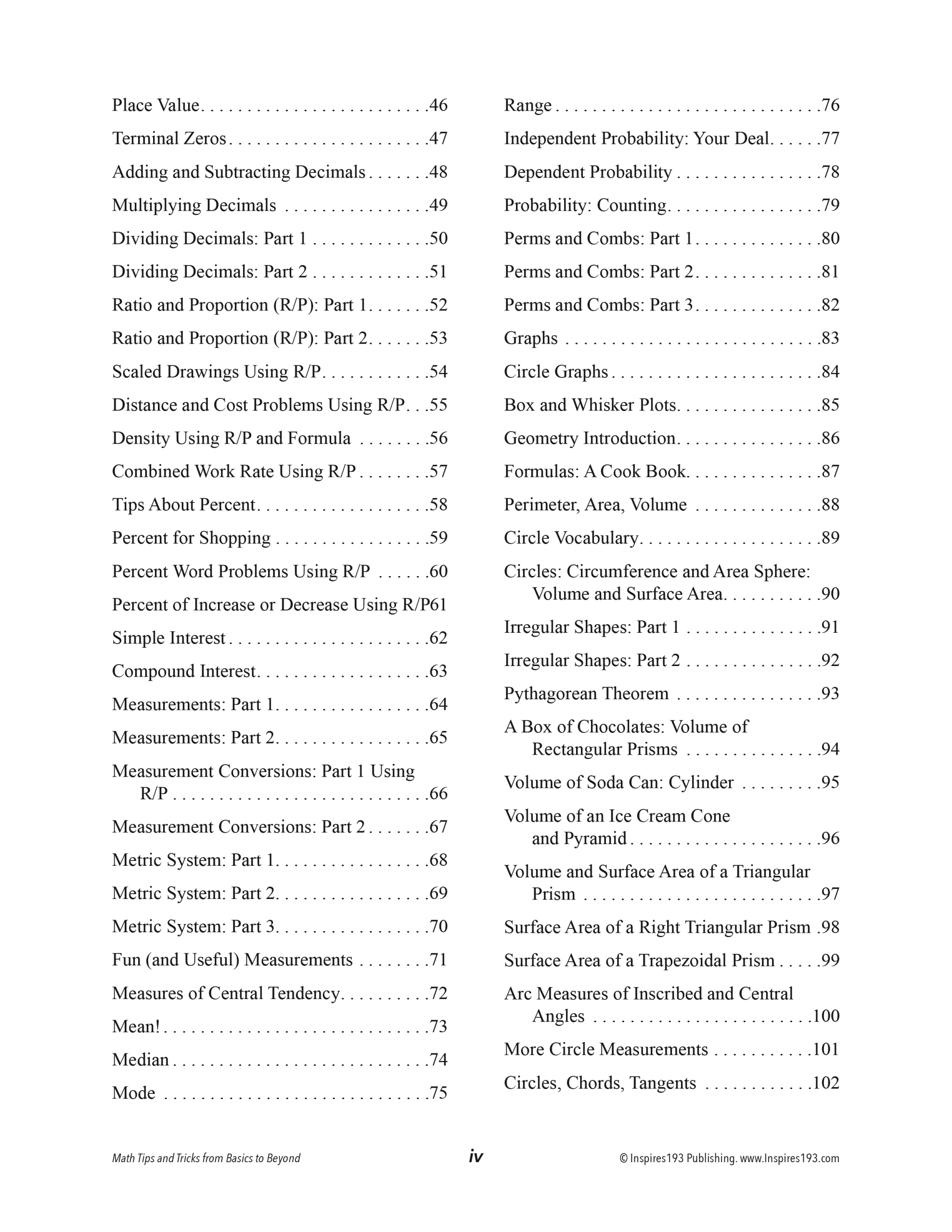 TOC Page iv math tips, table of contents