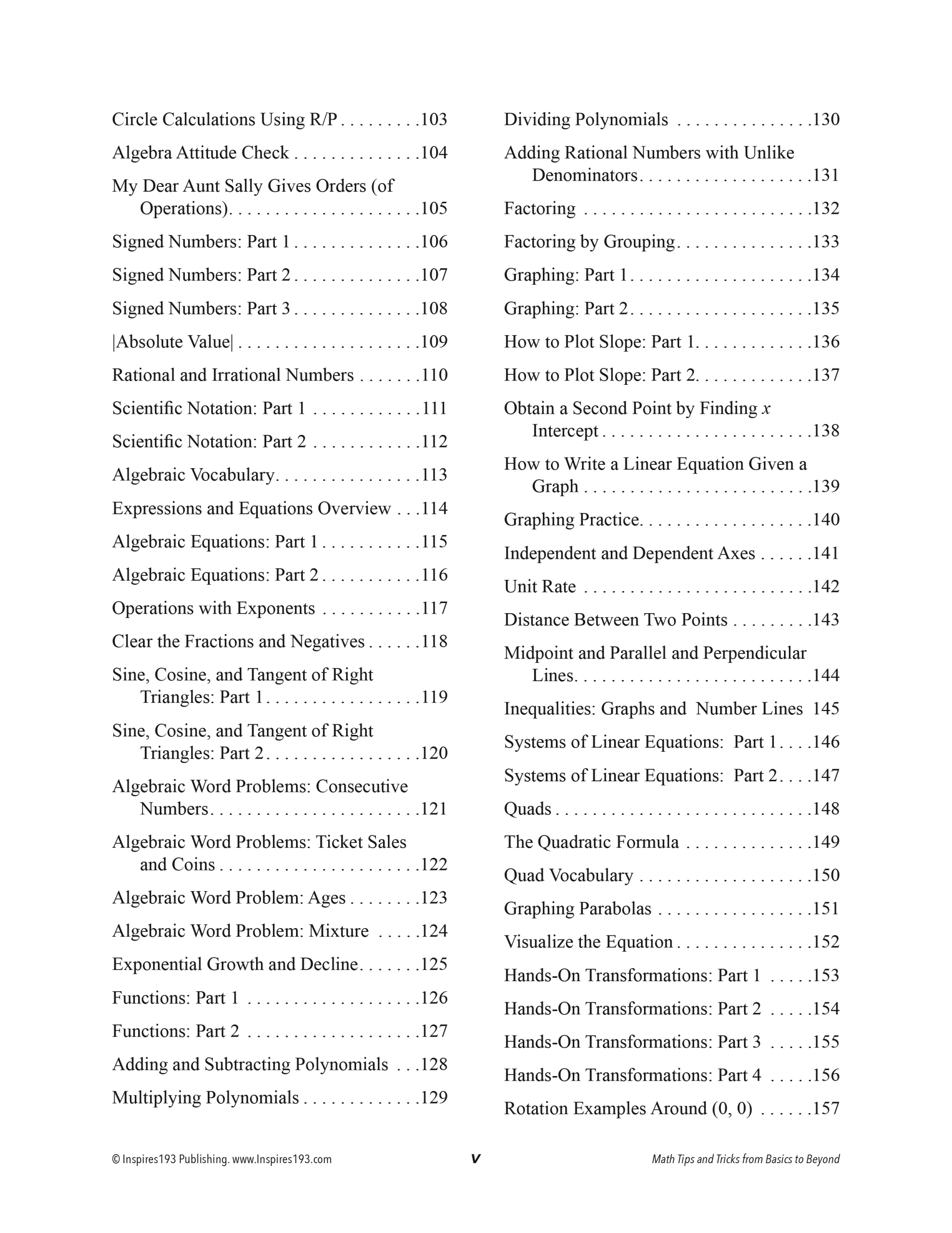 TOC Page v math tips, table of contents