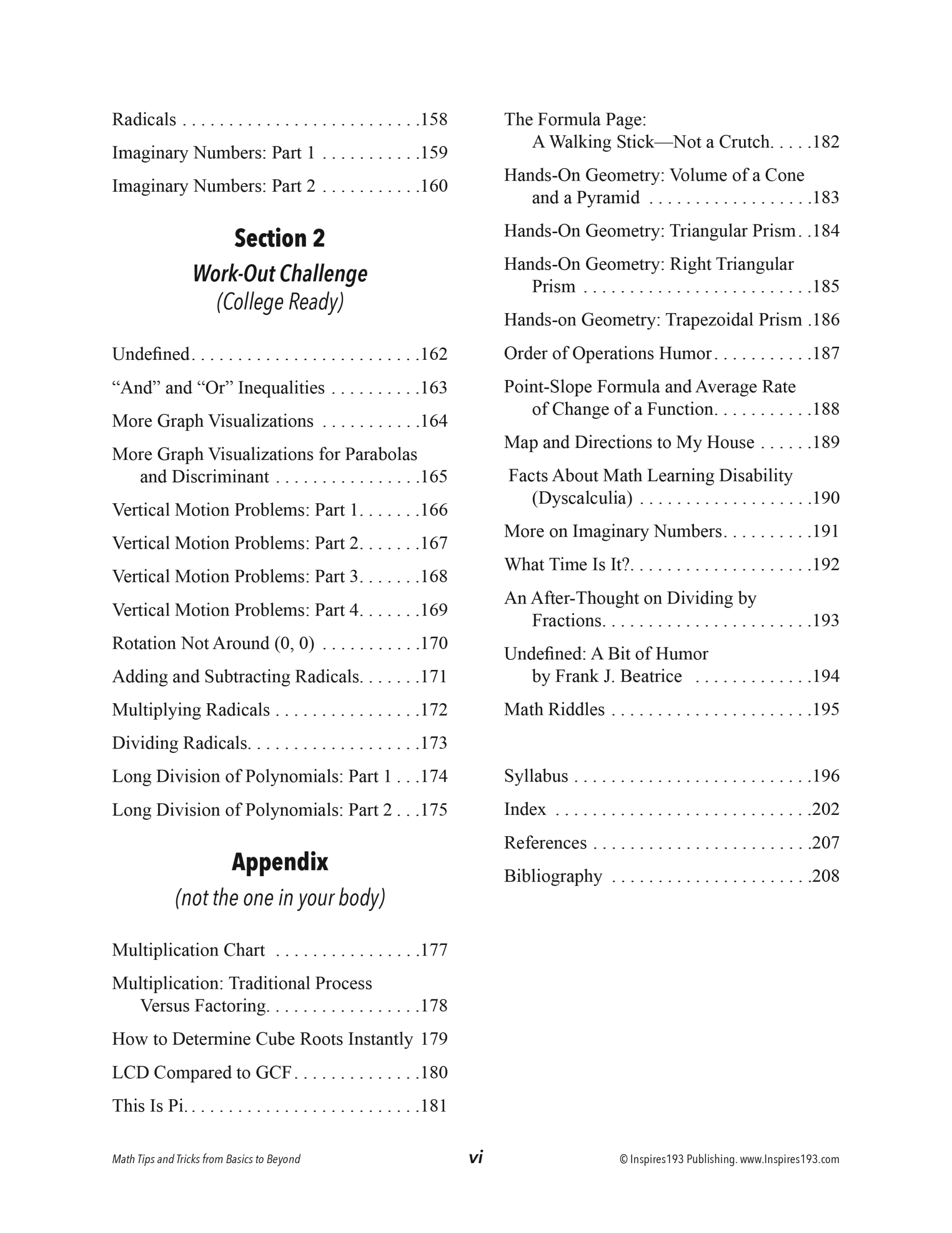 TOC Page vi math tips, table of contents